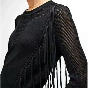 7 for all mankind Jet Black Dressy Sweater Open Knit Weave Accents Fringes Sz M